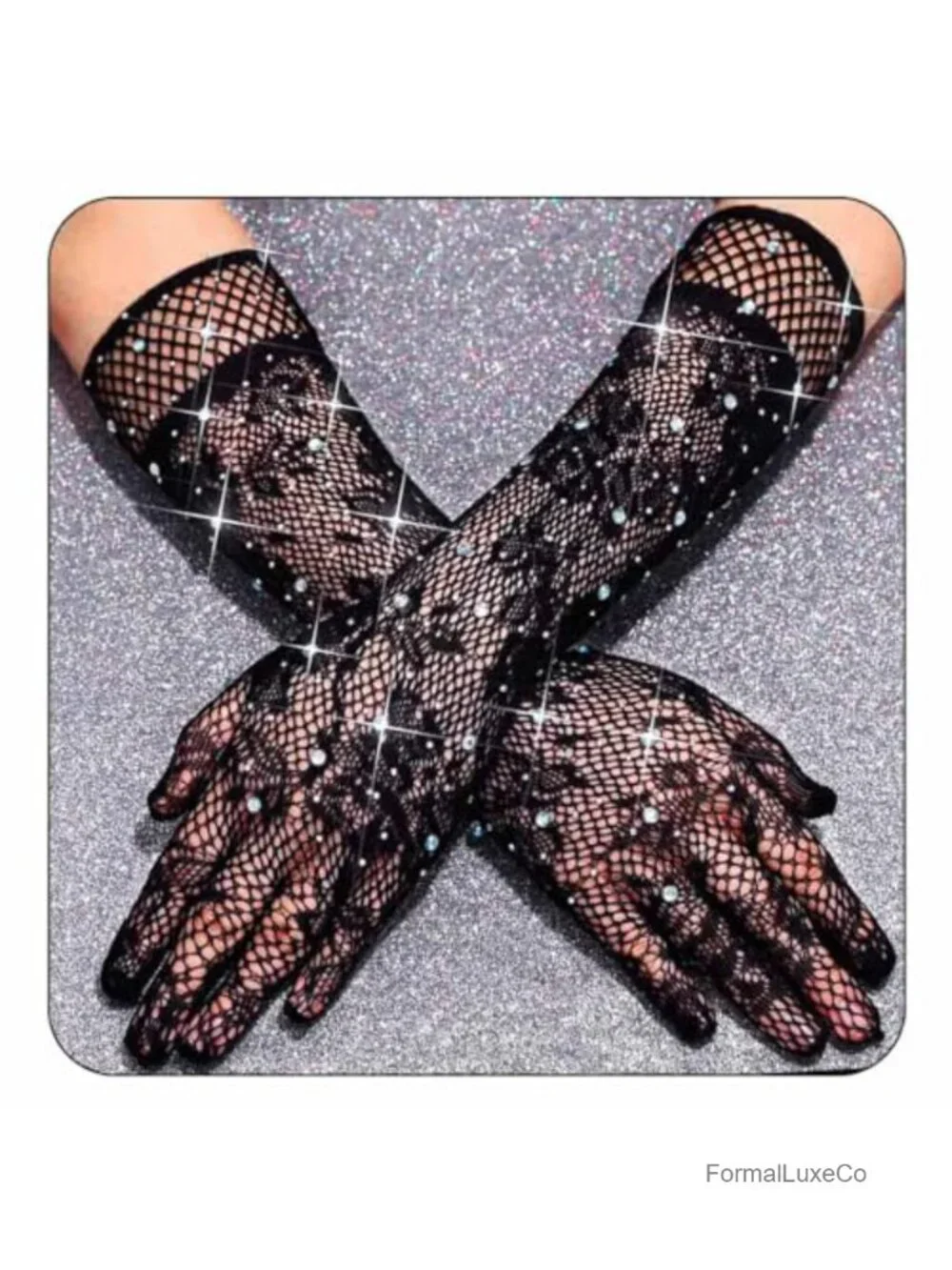 Sparkly Rhinestone Fishnet Gloves Long Lace Elbow Length Arm Sleeves Mesh Prom